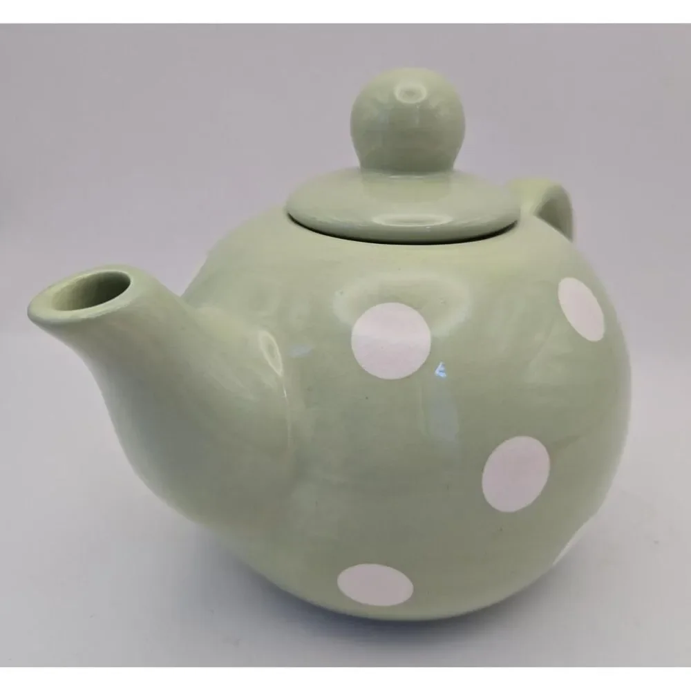 Mint Green Teapot With Lid  And White‎ Polkadots Durable Stoneware Ceramic